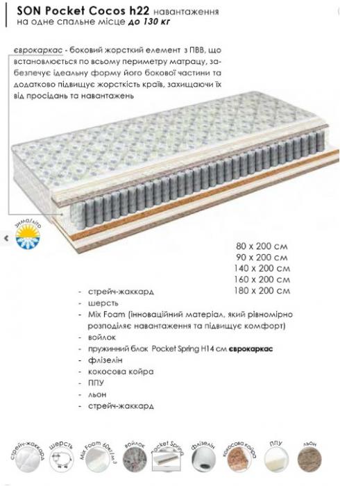 SON Pocket Cocos h22 матрац зима/літо (180х200 см.) foto 2